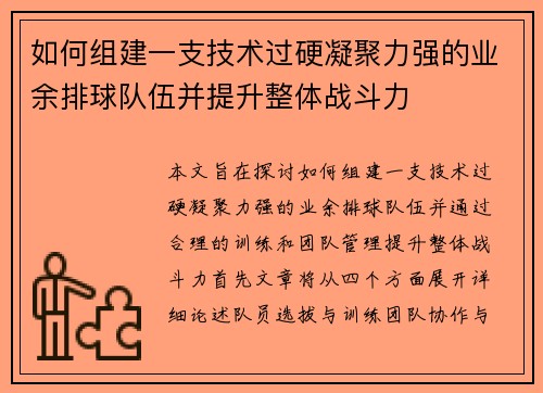 如何组建一支技术过硬凝聚力强的业余排球队伍并提升整体战斗力