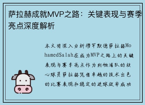 萨拉赫成就MVP之路：关键表现与赛季亮点深度解析
