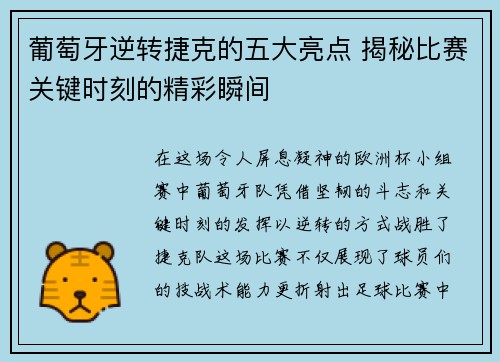 葡萄牙逆转捷克的五大亮点 揭秘比赛关键时刻的精彩瞬间